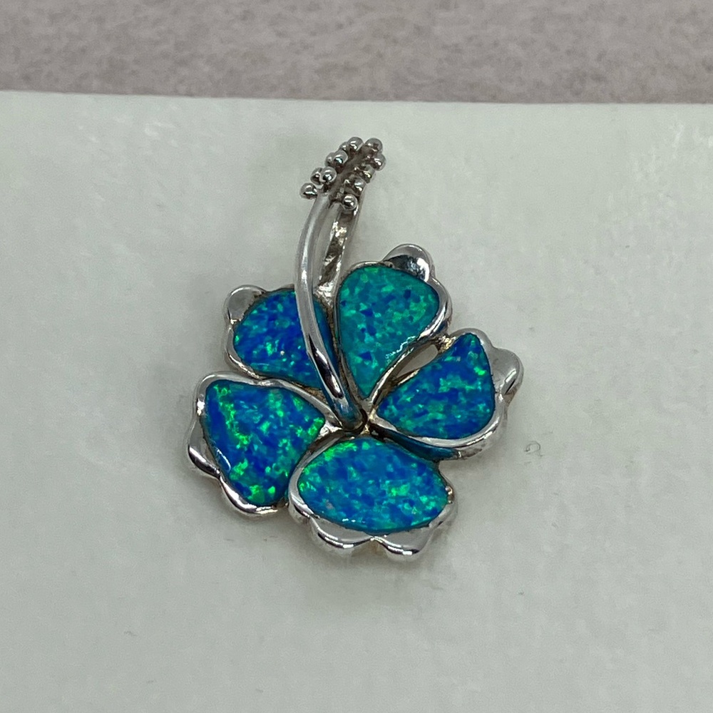 925 Sterling Silver Synthetic Blue Fire Opal Hibiscus Flower Pendant